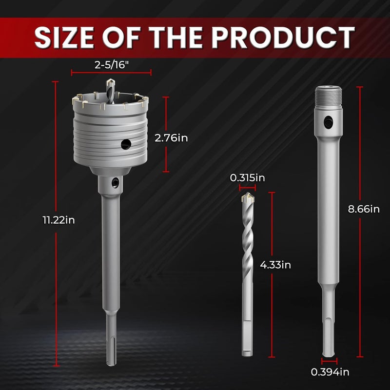 CSOOM Concrete Hole Saw 2-1/2" (65mm) with 220mm SDS Plus Shank Connecting Rod, Carbide Cement Hole Saw for Concrete Cement, Brick Wall Stone - Image 2